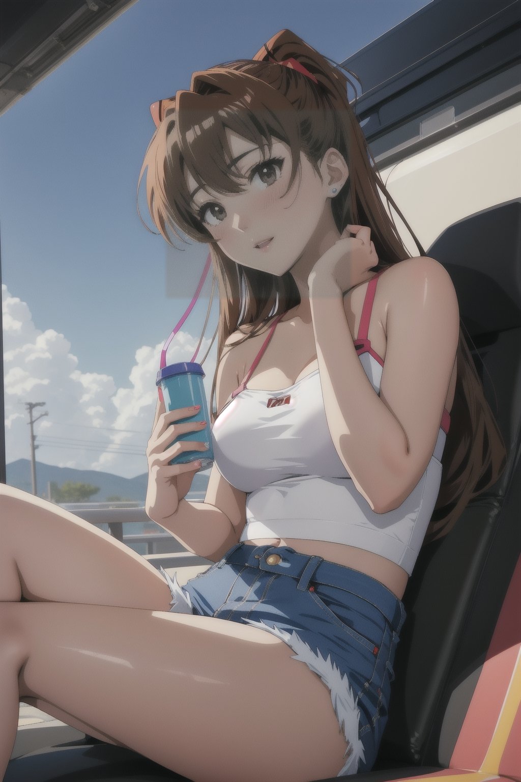 Neon Genesis Evangelion Asuka sexy face, light brown hair, sitting_down, tube top, shorts, playing video games 