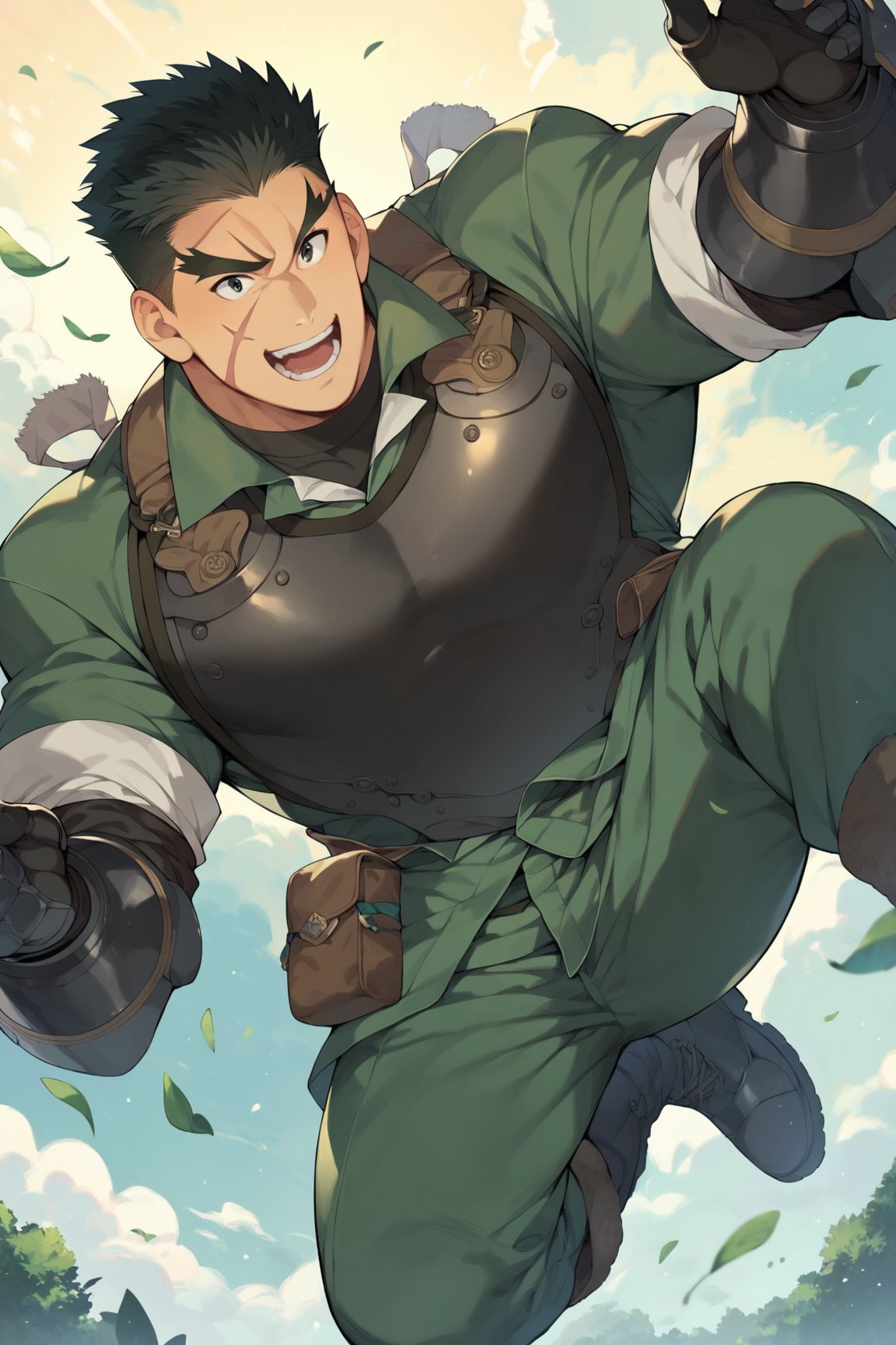 score_9, score_8_up, score_7_up, cute, masterpiece, best quality, best aesthetic, 1boy, male focus, full_body, akatsukiiwao, black hair, short_hair, black eyes, thick eyebrows, armor, black vest, black boots, black gauntlets, scar on face, jumping