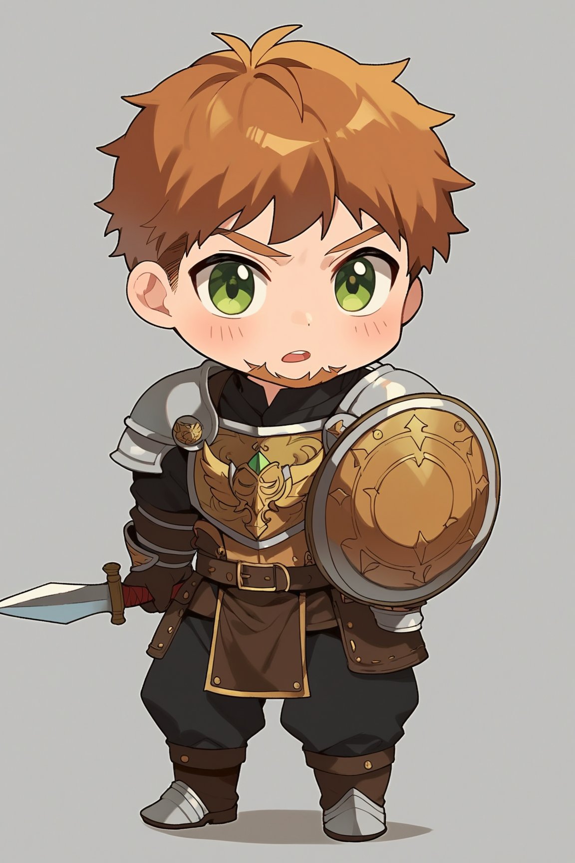 score_9, score_8_up, score_7_up, cute, masterpiece, best quality, best aesthetic,  1boy, solo, male focus, chibi, chibi style, full_body, hebaron, hebaron, facial_hair, armor, orange_hair, beard, shirt, black_pants, green_eyes, weapon, holding_shield