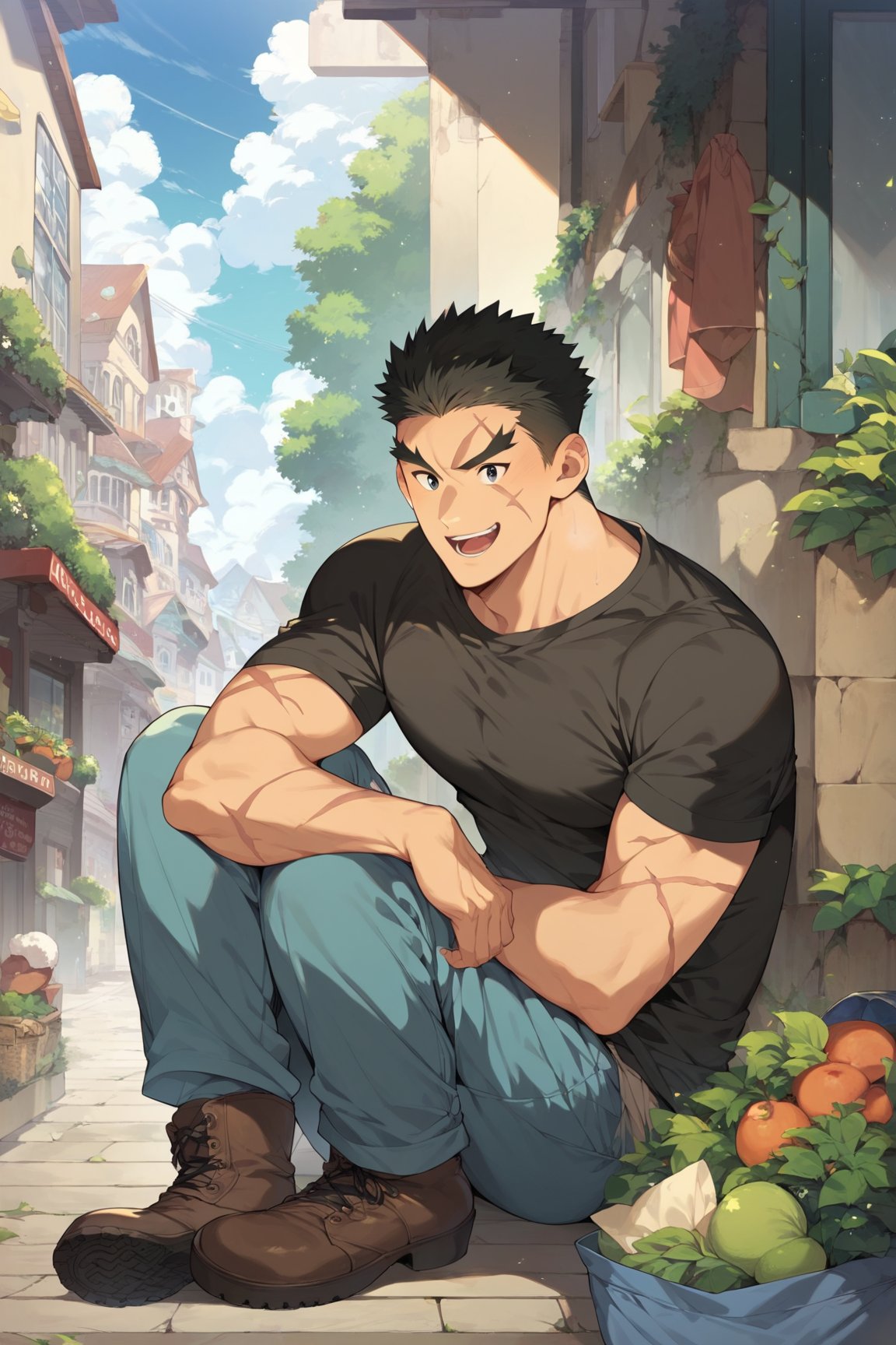 score_9, score_8_up, score_7_up, cute, masterpiece, best quality, best aesthetic, 1boy, male focus, full_body, akatsukiiwao, black hair, short_hair, black eyes, thick eyebrows, scar on face, black shirt, blue pants, boots, shopping at city