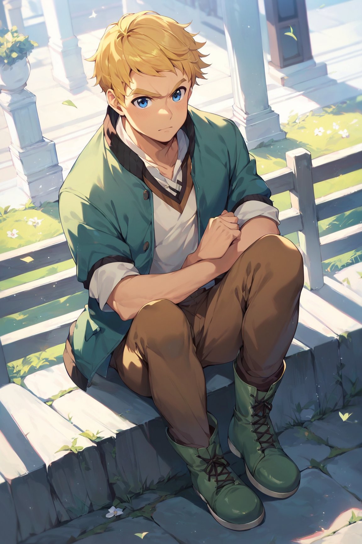 score_9, score_8_up, score_7_up, cute, masterpiece, best quality, best aesthetic, 1boy, male focus, full_body ,climb, blonde hair, blue eyes, short-hair, bown jacket, brown pants, dark green boots,