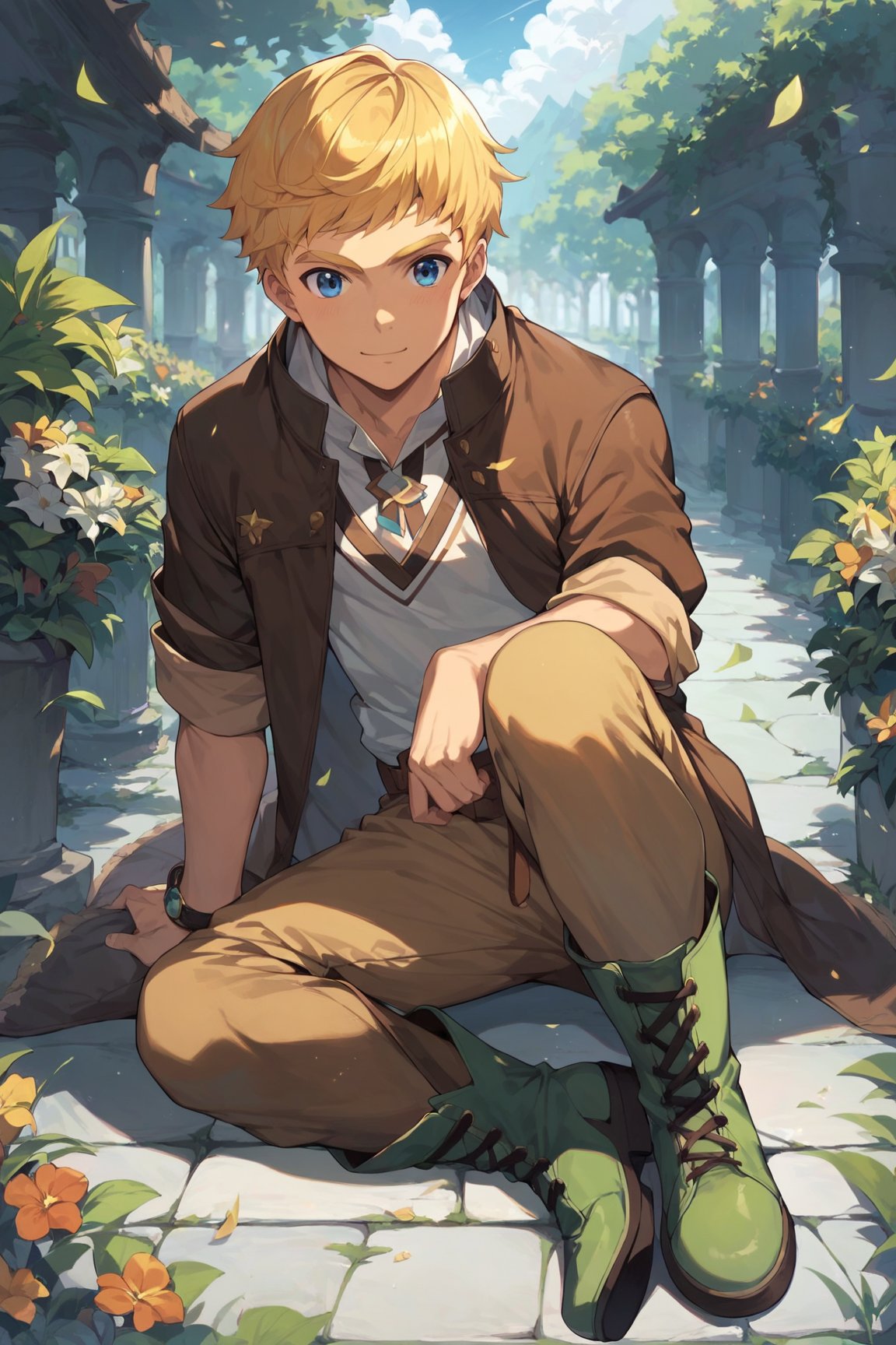 score_9, score_8_up, score_7_up, cute, masterpiece, best quality, best aesthetic, 1boy, male focus, full_body ,climb, blonde hair, blue eyes, short-hair, brown jacket, brown pants, dark green boots,