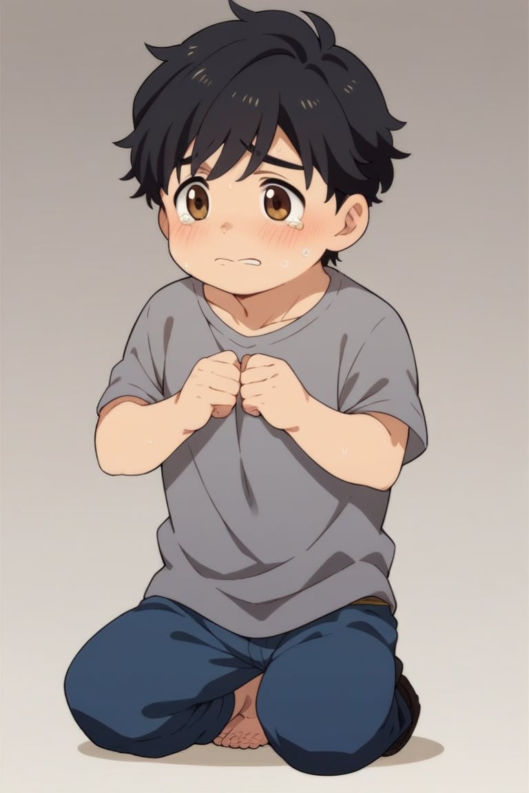 score_9, score_8_up, score_7_up, masterpiece, best quality, best aesthetic, perfect anatomy, perfect proportions, high_resolution, uncensored, 1boy, full body,chibi,chibi style, more detail XL, eiji okumura, black hair, brown eyes, grey shirt, blue pants, crying, hands on eyes,