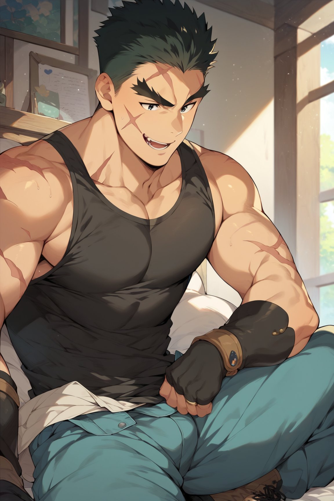 score_9, score_8_up, score_7_up, cute, masterpiece, best quality, best aesthetic, 1boy, male focus, portrait, akatsukiiwao, black hair, short_hair, black eyes, thick eyebrows, scar on face, black shirt, blue pants, boots