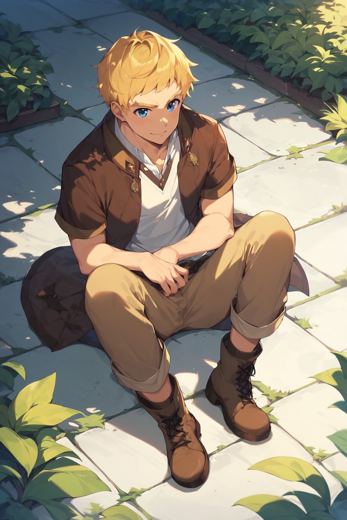 score_9, score_8_up, score_7_up, cute, masterpiece, best quality, best aesthetic, 1boy, male focus, full_body ,climb, blonde hair, blue eyes, short-hair, brown jacket, brown pants, greenish brown boots, sword on ground