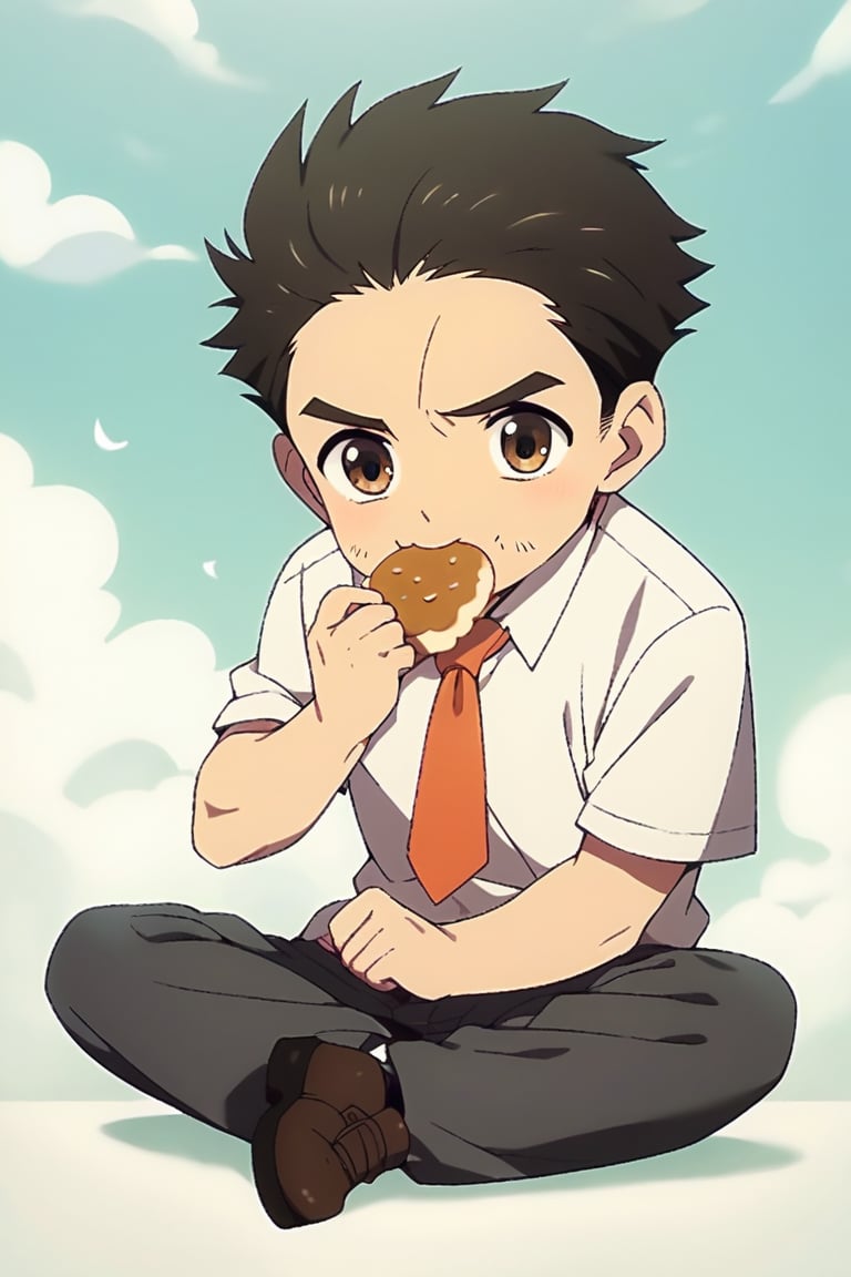 score_9, score_8_up, score_7_up, cute, masterpiece, best quality, best aesthetic,  1boy, solo, male focus, chibi, chibi style, katsuhirotakei, necktie, black hair, brown eyes, facial hair, full_body, shirt, pants, eating, food