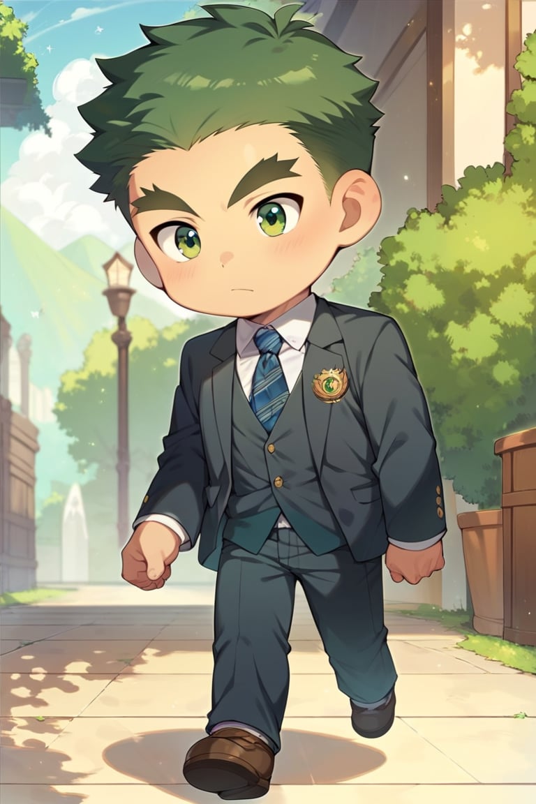 score_8_up, score_7_up, cute, masterpiece, best quality, best aesthetic, 1boy, solo, male focus, chibi, chibi style, full_body, akatsukiiwao, short_hair, thick eyebrows, green eyes, dark green hair, suit, getting tired, walking