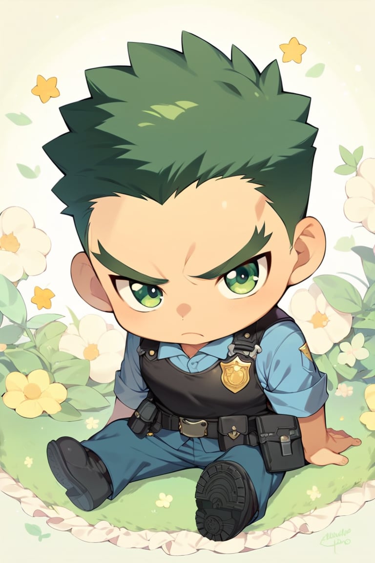 score_8_up, score_7_up, cute, masterpiece, best quality, best aesthetic, 1boy, solo, male focus, chibi, chibi style, full_body, akatsukiiwao, short_hair, thick eyebrows, green eyes, dark green hair, police_uniform, serious, sit