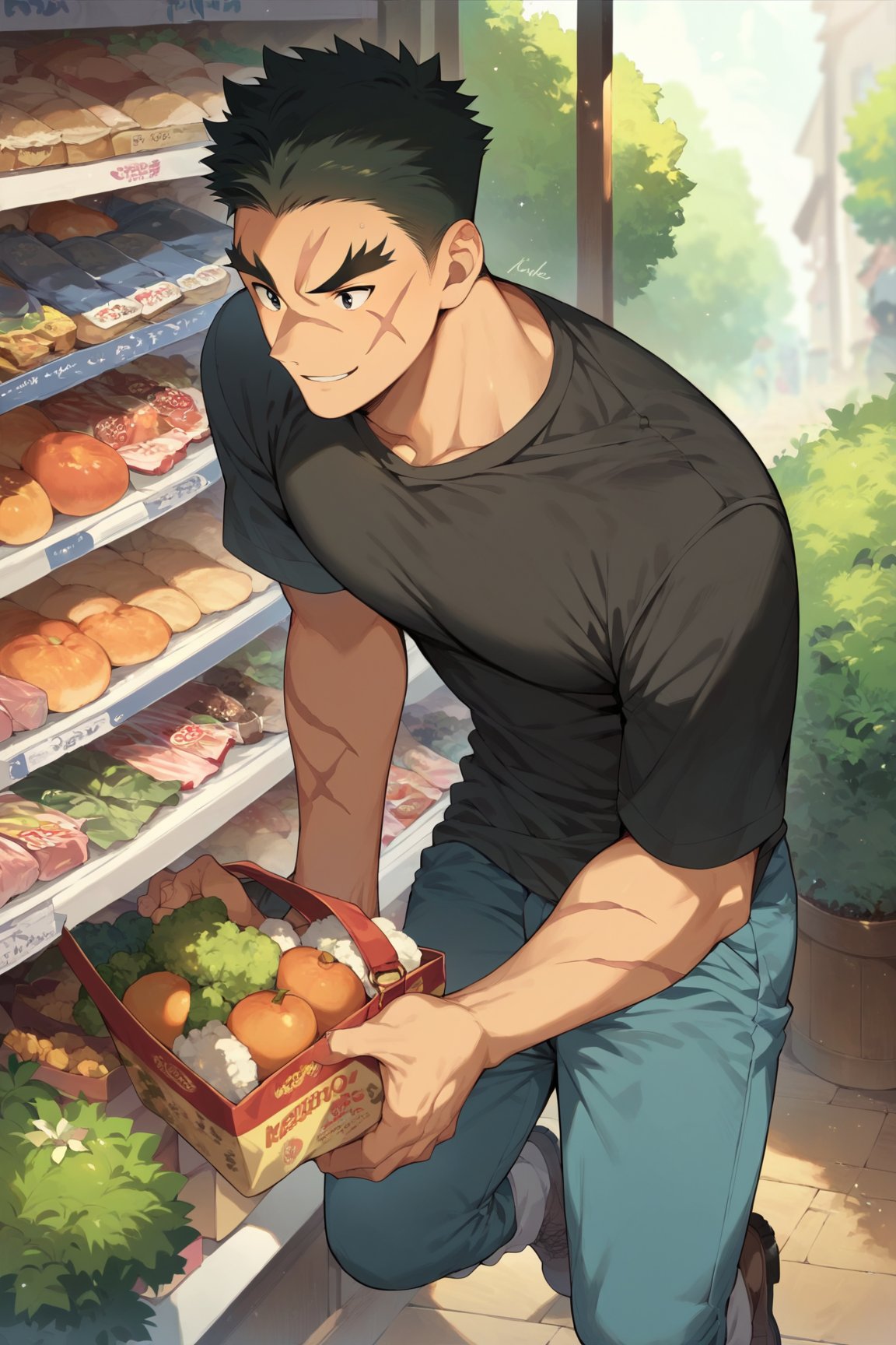 score_9, score_8_up, score_7_up, cute, masterpiece, best quality, best aesthetic, 1boy, male focus, full_body, akatsukiiwao, black hair, short_hair, black eyes, thick eyebrows, scar on face, black shirt, blue pants, boots, shopping 