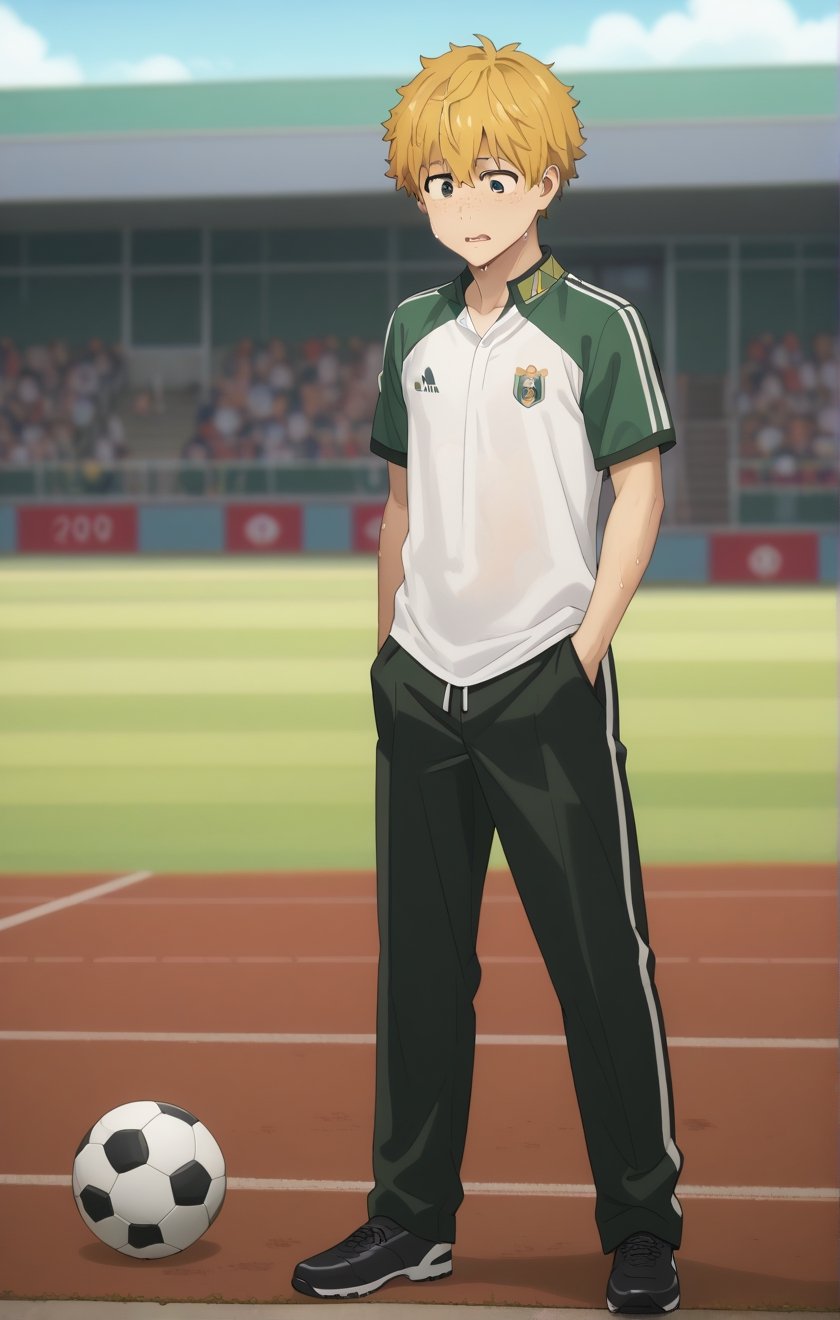 score_9, score_8_up, score_7_up, masterpiece, best quality, amazing quality, best aesthetic, cute, 18 years old, solo, solo focus, shivering, AKIHIKO NIREI, blonde hair, brown eyes, faceless, full body, male focus, soccer uniform , freckles, school yard, standing, shirt lift, wet body, sit, chest exposed