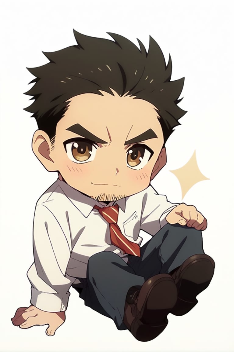 score_9, score_8_up, score_7_up, cute, masterpiece, best quality, best aesthetic,  1boy, solo, male focus, chibi, chibi style, katsuhirotakei, necktie, black hair, brown eyes, facial hair, full_body, sit , shirt, pants,