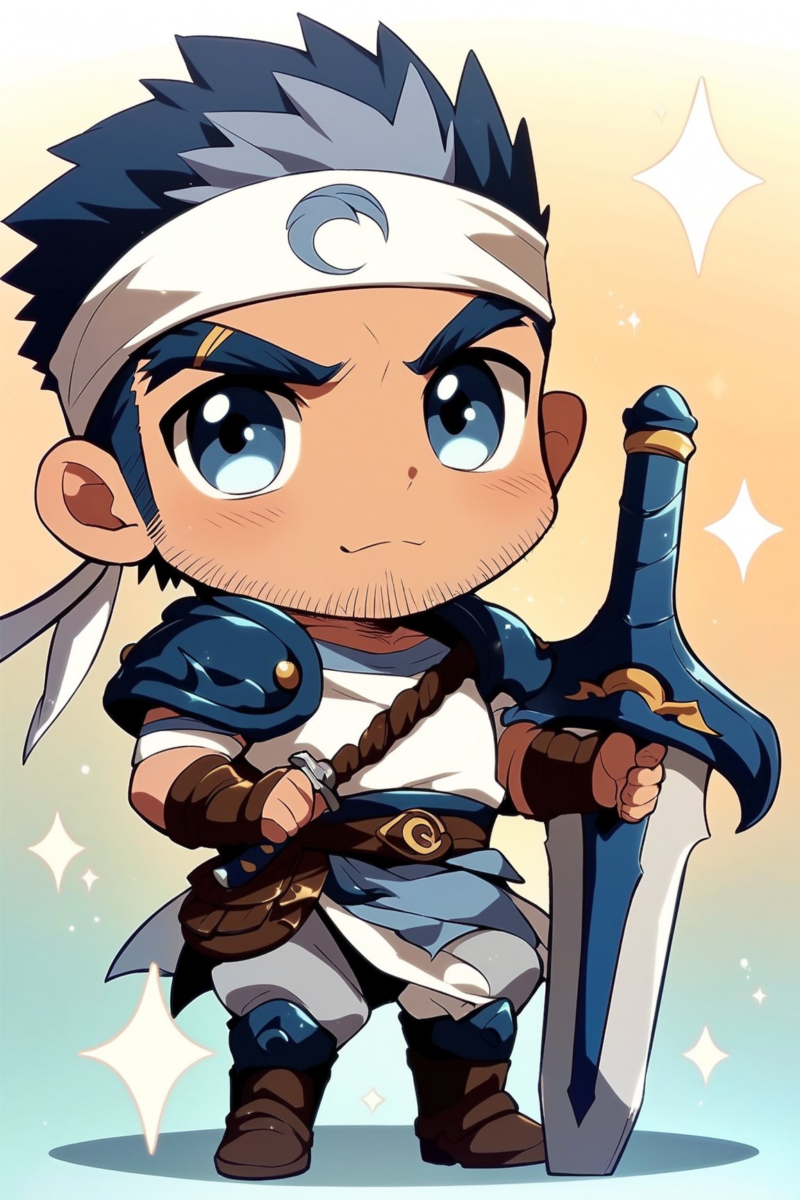 score_9, score_8_up, score_7_up, cute, masterpiece, best quality, best aesthetic,  1boy, solo, male focus, chibi, chibi style, full_body, cayman, facial hair, blue hair, blue eyes, headband, holding_sword,