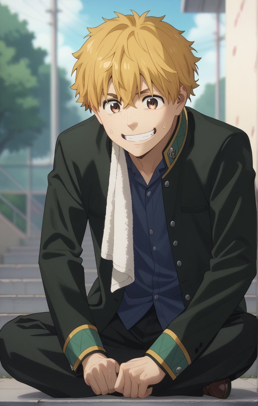 score_9, score_8_up, score_7_up, masterpiece, best quality, amazing quality, best aesthetic, cute, 18 years old, solo, solo focus, shivering, AKIHIKO NIREI, blonde hair, brown eyes, school_uniform, smile, full body, sit on bank, male focus, towel in shoulder