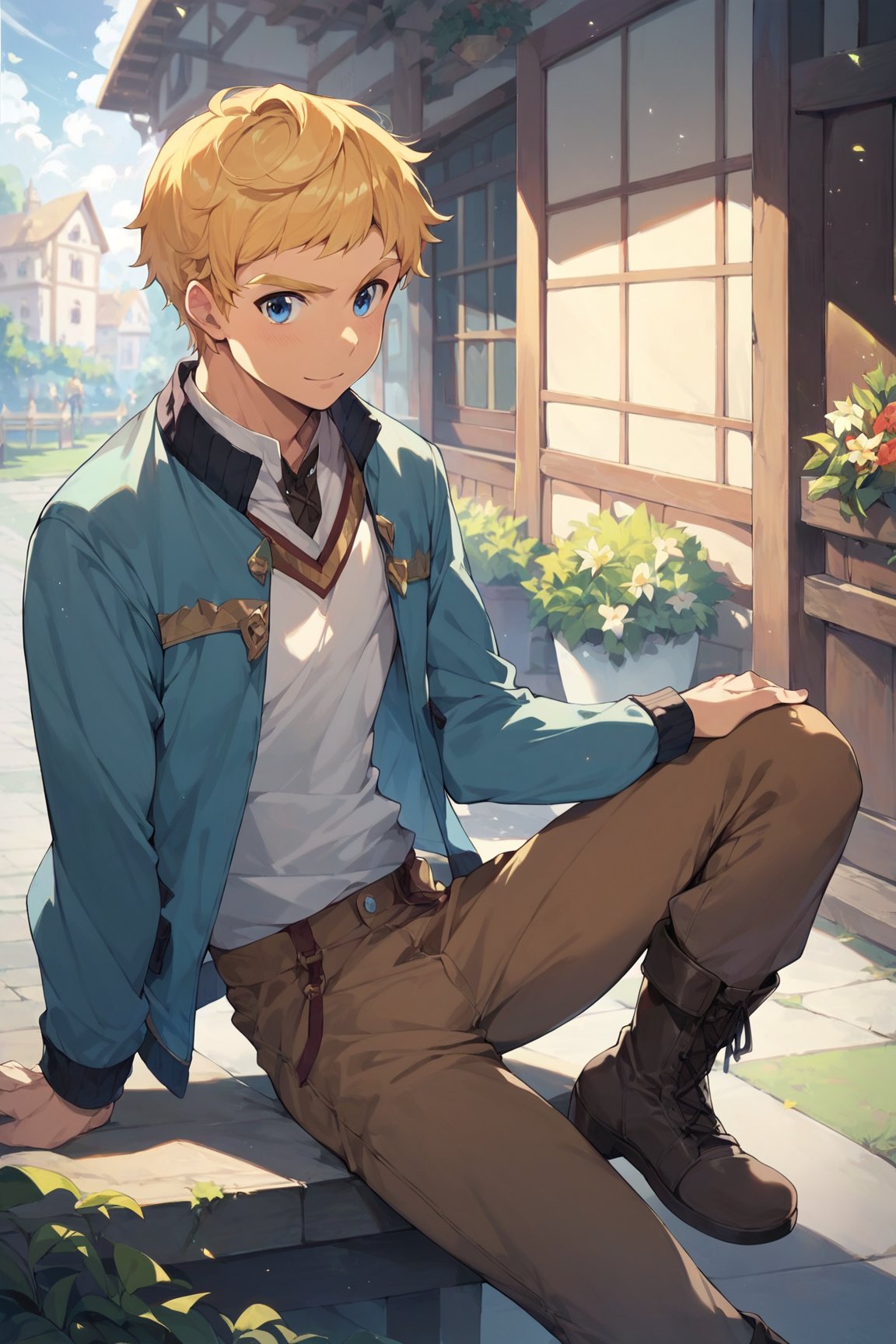 score_9, score_8_up, score_7_up, cute, masterpiece, best quality, best aesthetic, 1boy, male focus, full_body ,climb, blonde hair, blue eyes, short-hair, jacket, brown pants, boots,