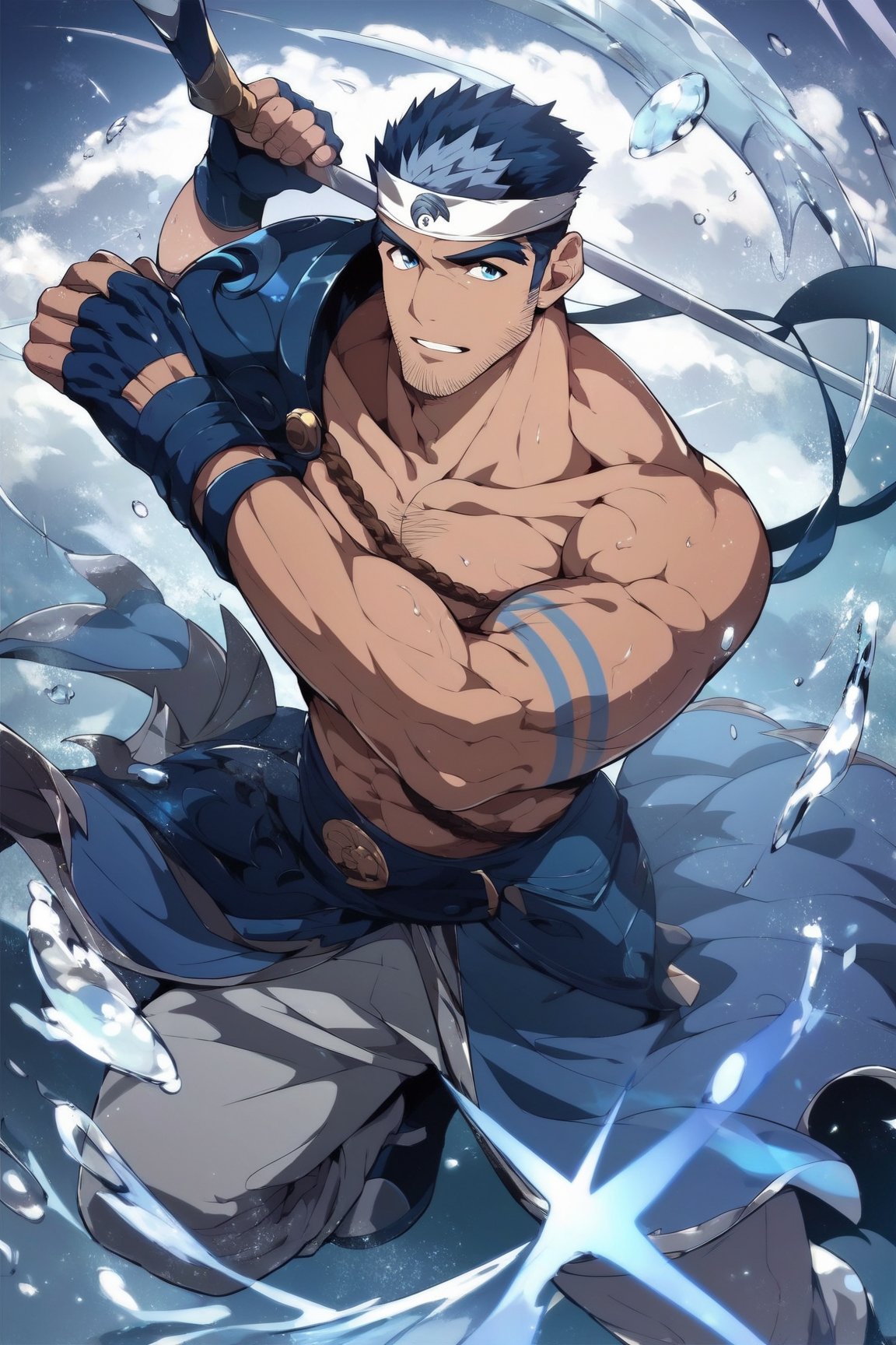 score_9, score_8_up, score_7_up, masterpiece, best quality, best aesthetic, perfect anatomy, perfect proportions, bara, high_resolution, uncensored, 1boy, solo, male focus, full_body, cayman, facial hair, blue hair, blue eyes, holding_weapon