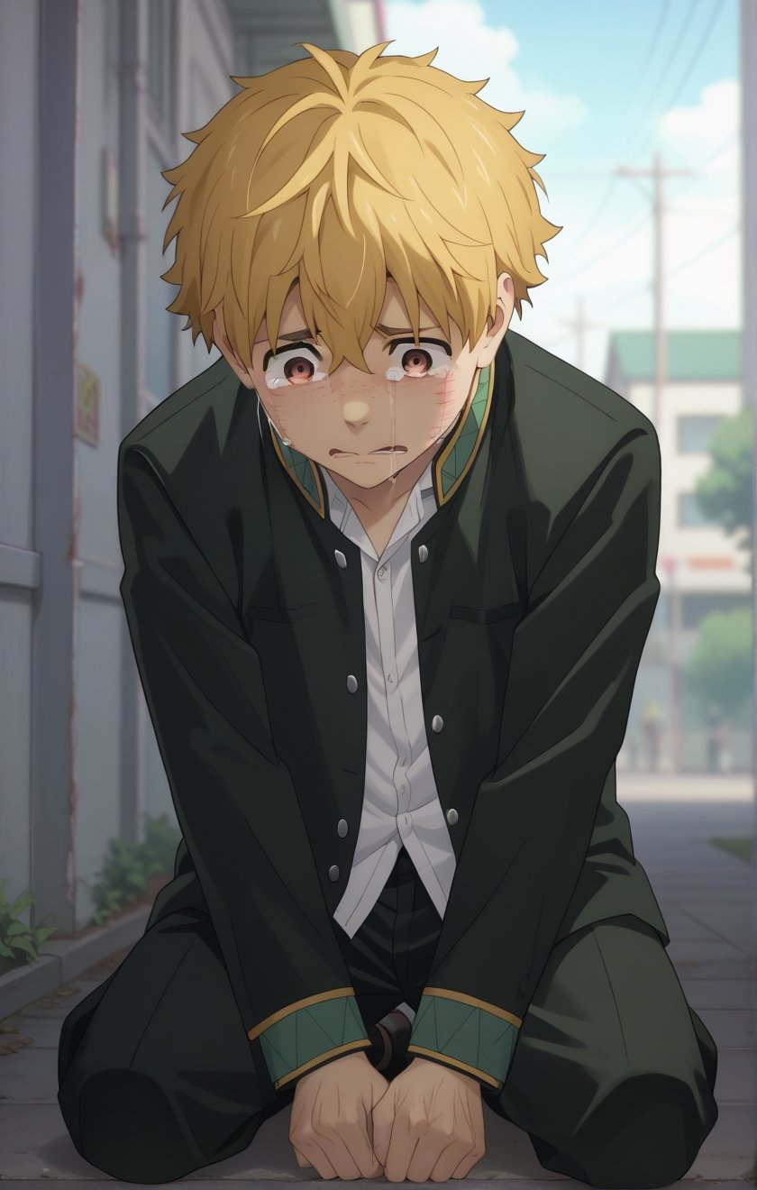 score_9, score_8_up, score_7_up, masterpiece, best quality, amazing quality, best aesthetic, cute, 18 years old, solo, solo focus, shivering, AKIHIKO NIREI, blonde hair, brown eyes, school_uniform, shy, full body, male focus, crying, wounds on the face