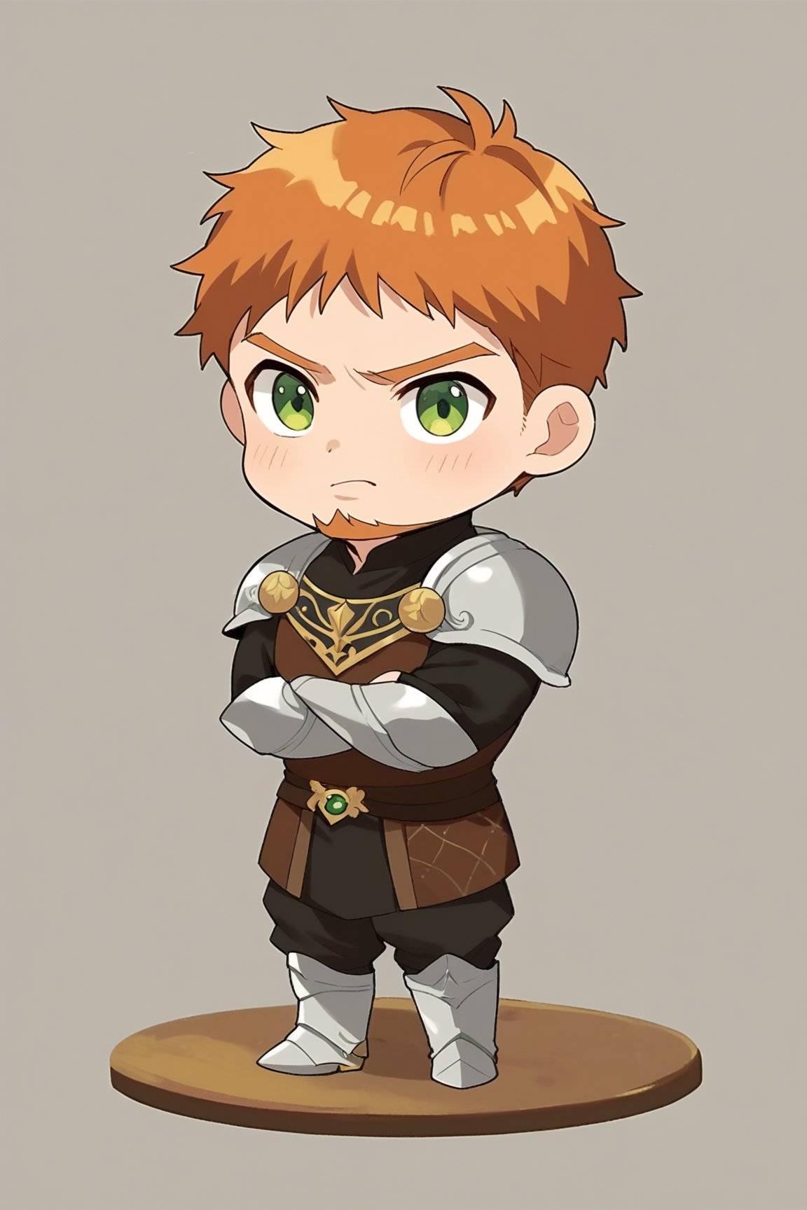 , score_8_up, score_7_up, cute, masterpiece, best quality, best aesthetic,  1boy, solo, male focus, chibi, chibi style, full_body, hebaron, hebaron, facial_hair, armor, orange_hair, beard, shirt, black_pants, green_eyes, arms_crossed, angry, :s