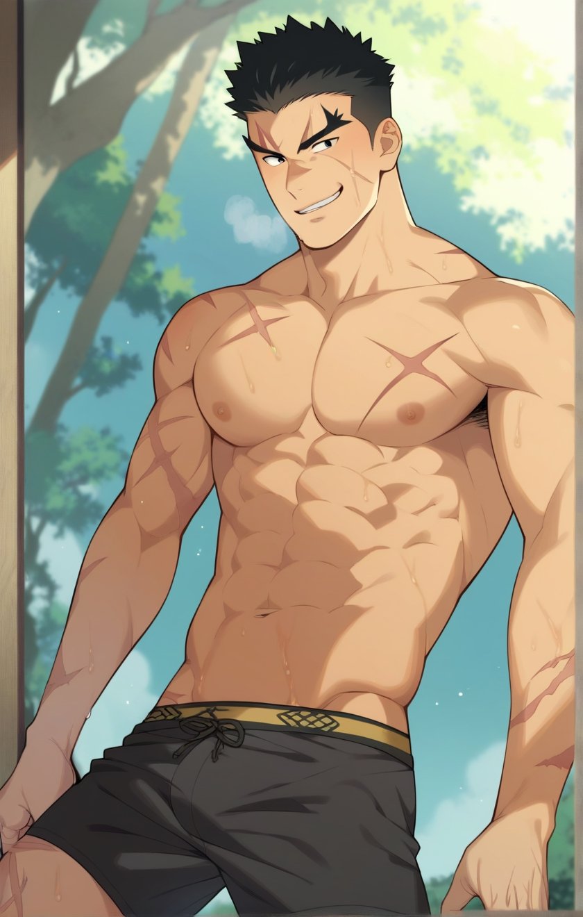 score_9, score_8_up, score_7_up, masterpiece, best quality, best aesthetic, 30 years old, solo, male focus, black hair, black eyes, full_body, akatsukiiwao, short_hair, thick eyebrows, scar on face, only underwear, boxer_shorts, scar on right eyebrow, dirty smile, wet body, heavy breathing