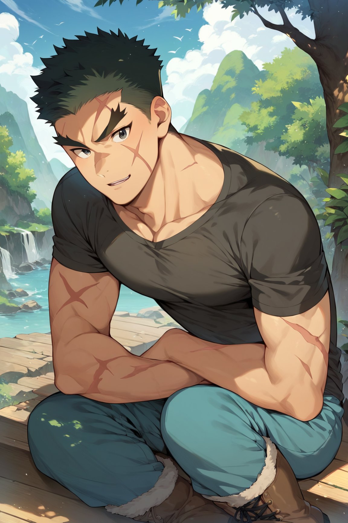 score_9, score_8_up, score_7_up, cute, masterpiece, best quality, best aesthetic, 1boy, male focus, full_body, akatsukiiwao, black hair, short_hair, black eyes, thick eyebrows, scar on face, black shirt, blue pants, boots