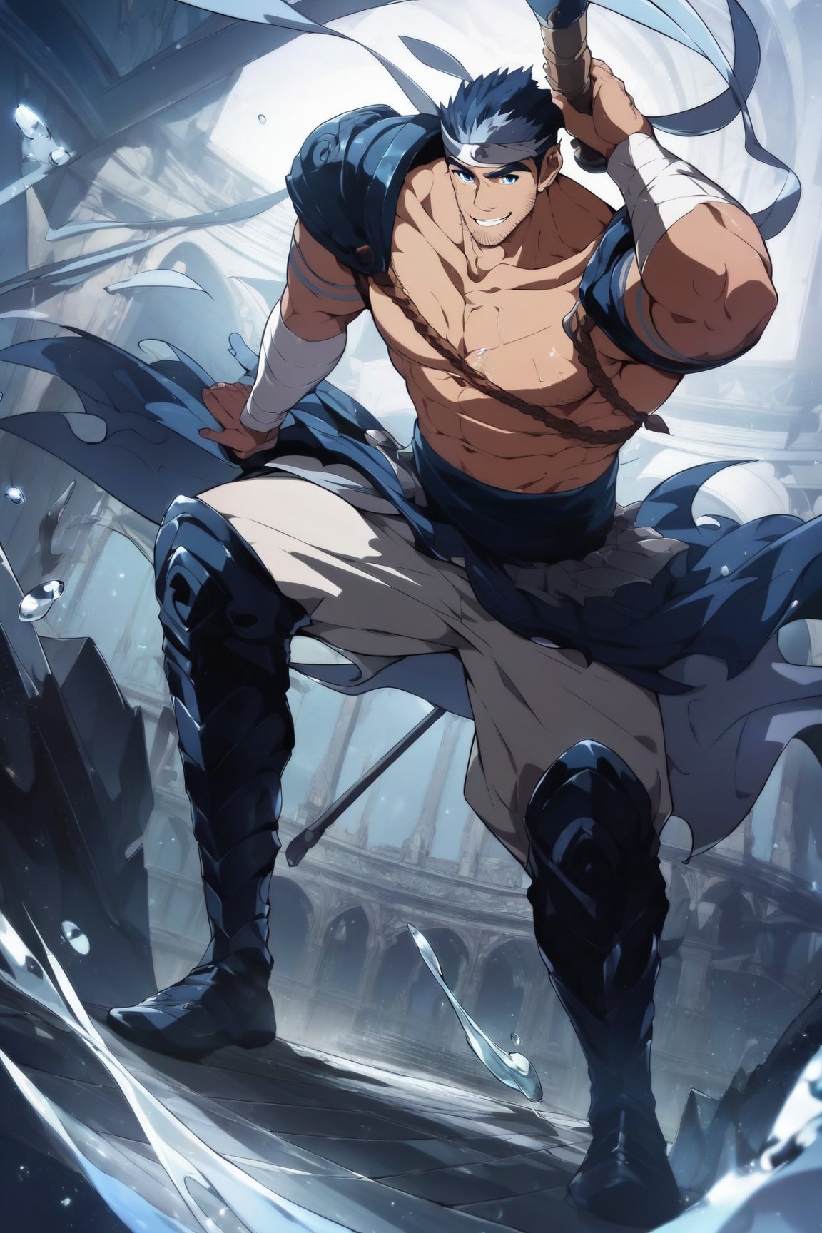 score_9, score_8_up, score_7_up, masterpiece, best quality, best aesthetic, perfect anatomy, perfect proportions, bara, high_resolution, uncensored, 1boy, solo, male focus, full_body, cayman, facial hair, blue hair, blue eyes, smirk 