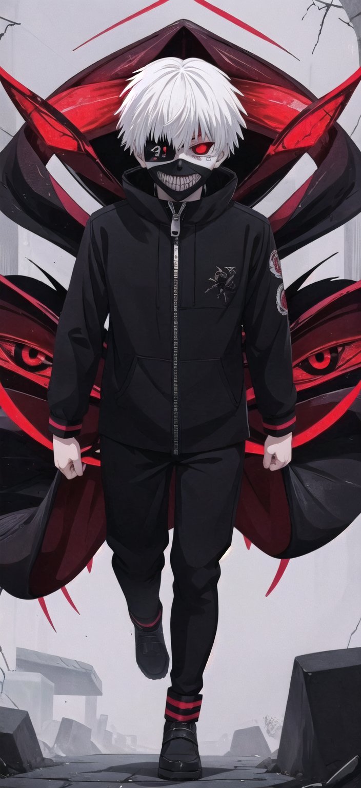 1 boy, Kaneki ken, Tokyo Ghoul, (black sclera of the eye), red iris, messy white hair, leather mask, mask that covers the entire face, left eye visible, the mask has a lipless mouth covered by a zipper, the mask has two screws on the sides of the neck, black eye patch, black sclera, kagune, ghoul eyes, full body.