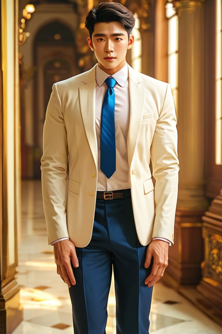 score_9, score_8_up, score_7_up, handsome korean men, 20yo, suit, luxury ornate hall, small_bulge