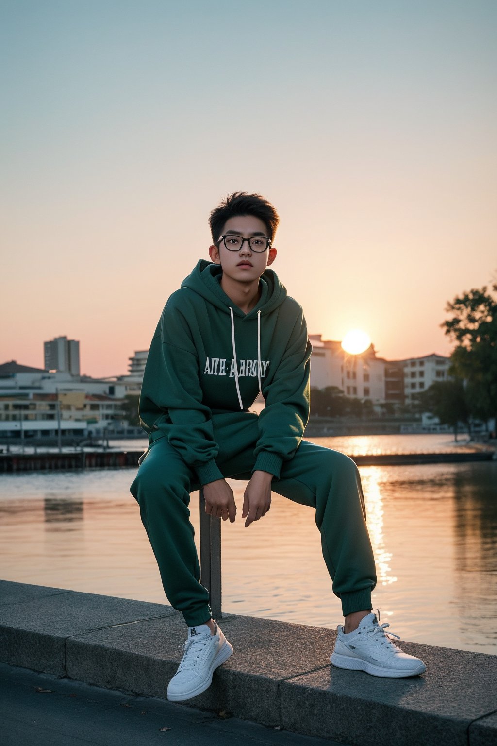 Make a photoshoot portrait of a young Filipino man, 18 years old, cool pose, blue hoodie urban, army green jogger pants, white shoes, glasses... sunset sky background, blur lens background, full body shot, legs, long shot,