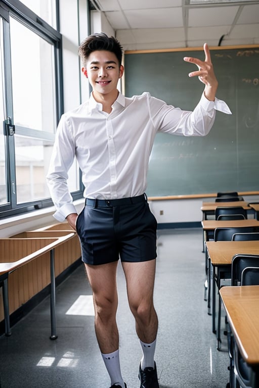 score_9, score_8_up, score_7_up, handsome asian boy, smirking, 20yo, highschool uniform, school short pants, luxury classroom, huge bulge