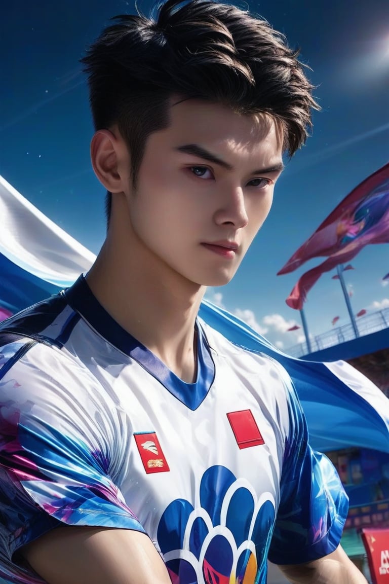 1guy, solo, looking at viewer, High quality, 8k hd, best quality, detailed skin texture, Realistic face,sport manly pose, OLYMPIC nationality tshirt, complicated, 8k ultra hd, high resolution, OLYMPIC background, high definition, excellent quality, stunning image, volumetric lighting, detail quality Enhancer