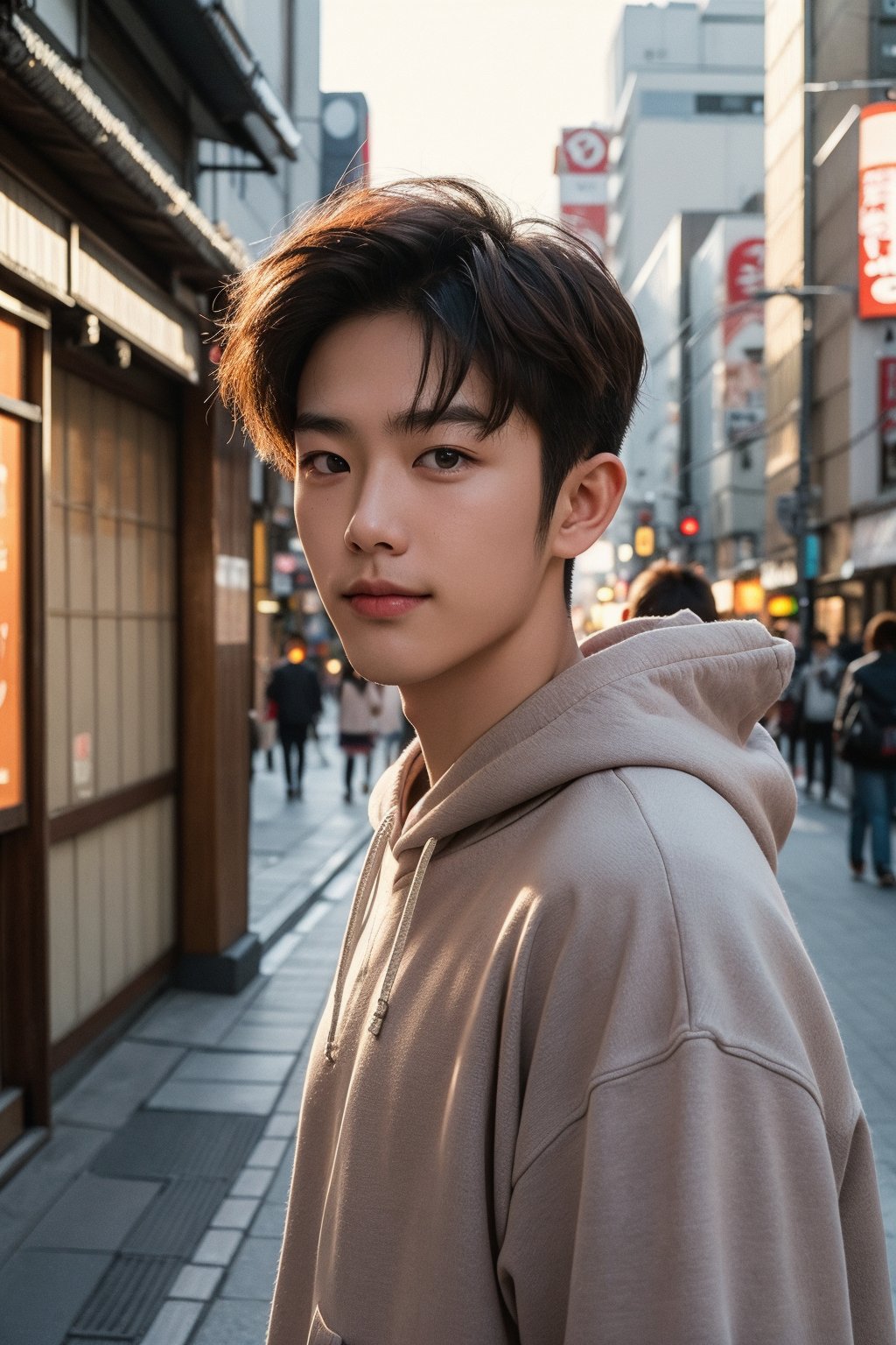 Make a photoshoot portrait of a young Korean boy, brown orange hair, 18 years old, cool pose, blue hoodie urban, .smirking.. sunset sky background, blur lens background, Japan Tokyo street background, portrait shot,