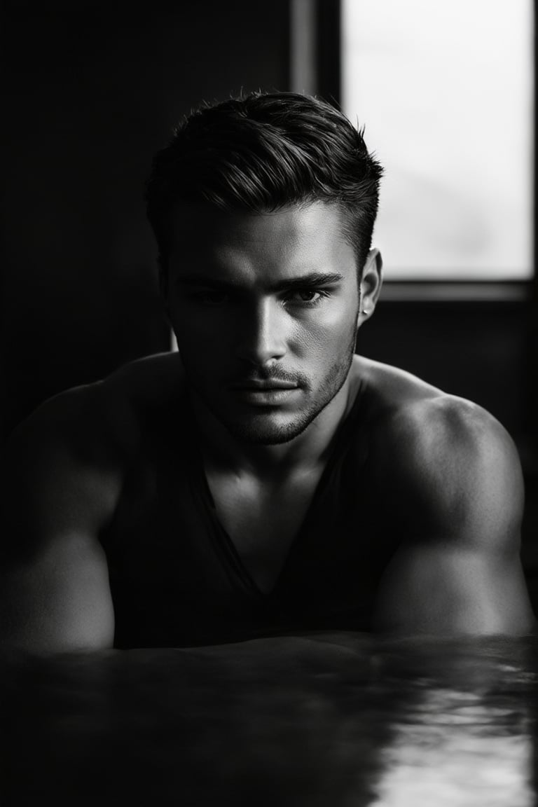 A masterwork in studio lighting: Muscular man William Seed's striking features are bathed in complex harsh illumination, reminiscent of Studio Harcourt style B&W photography. Strong analog aesthetic with noticeable grain. Elegant portrait shot captures the beauty of a 25-year-old man against a dark indoor setting. The incredibly shallow depth of field (1.4) , while the rest of his face is softly defocused, drawing attention to her piercing gaze.