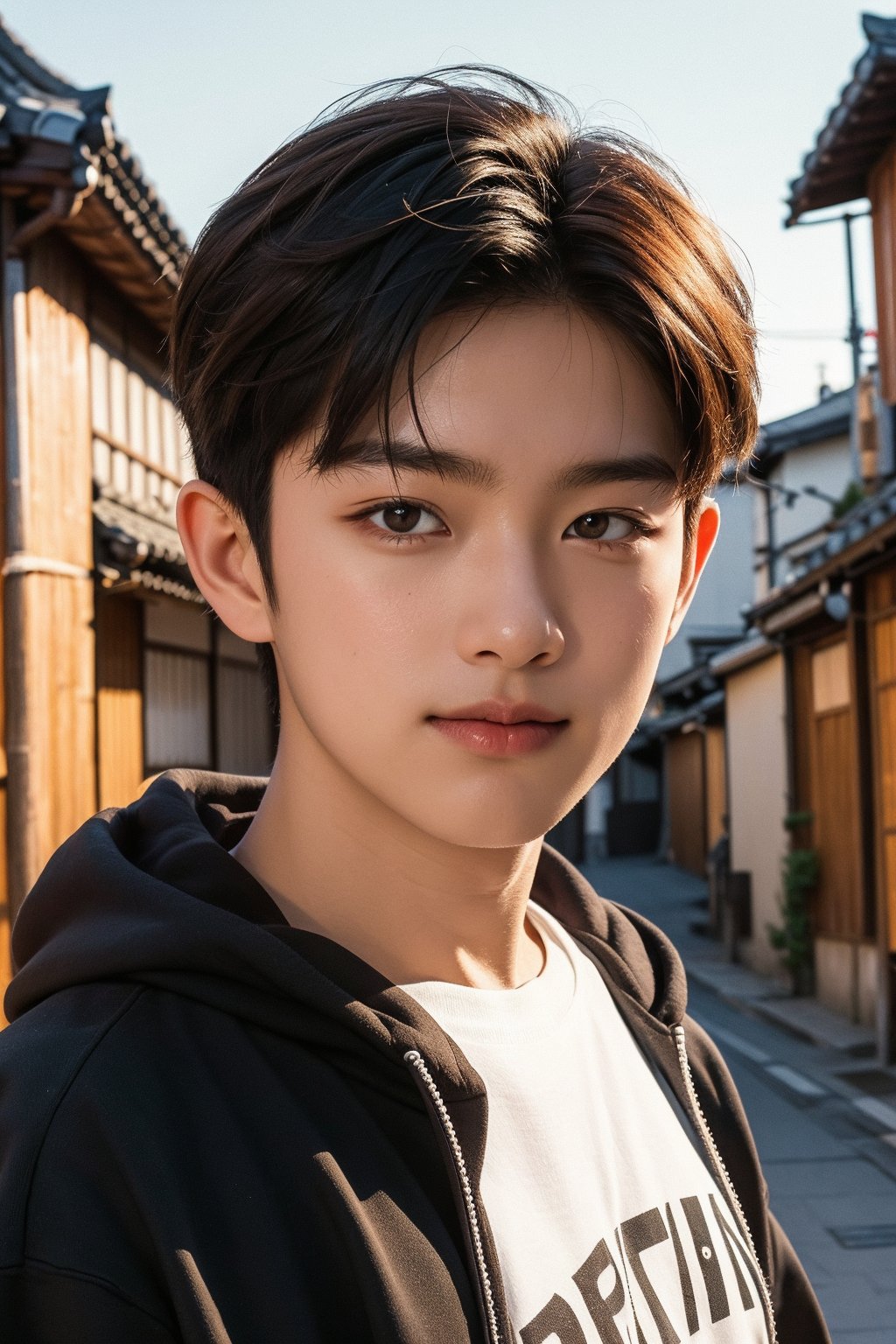 Make a photoshoot portrait of a young Korean boy, brown orange hair, 18 years old, cool pose, blue hoodie urban, .smirking.. sunset sky background, blur lens background, Japan Kyoto street background, portrait shot,