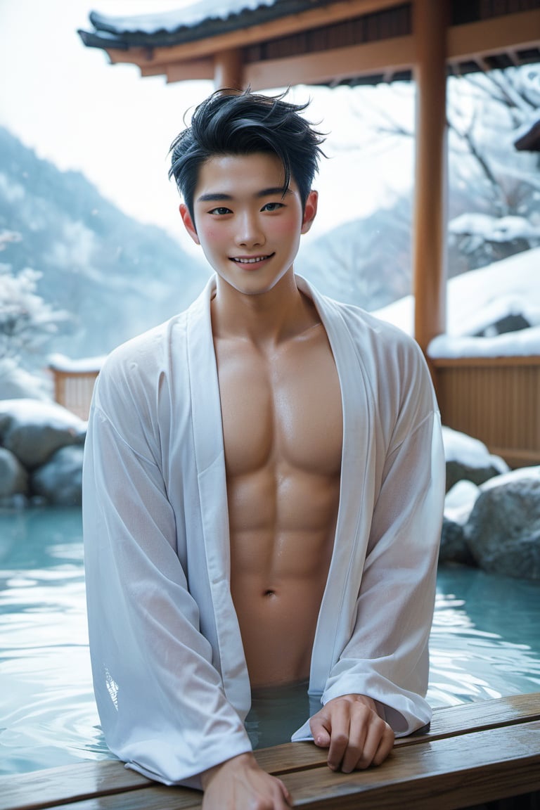 score_9, score_8_up, score_7_up,  1boy,  handsome 20yo, Asian boy, black hair, darkblue eyes, open sleeve kimono, flushed, blushed, smile  japanese, realistic, hot spring.