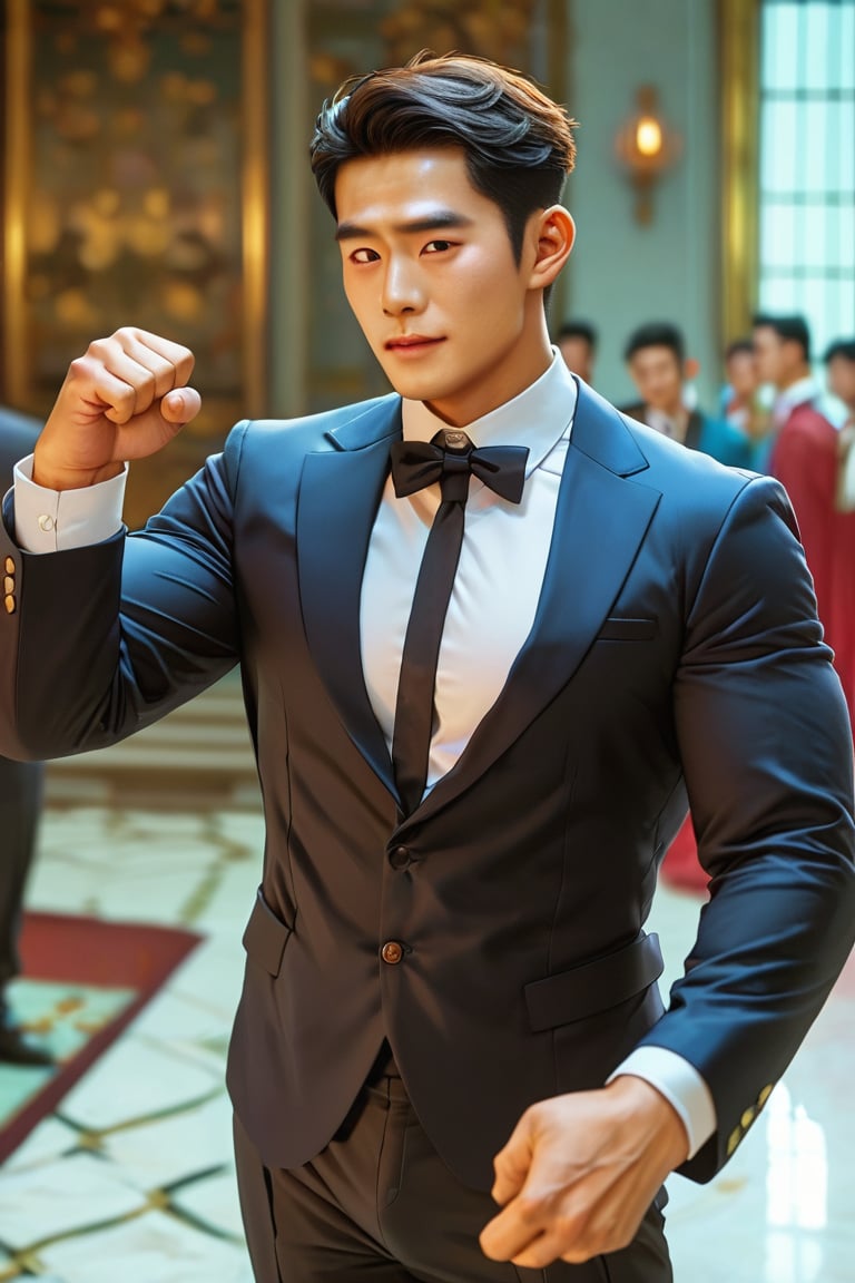 score_9, score_8_up, score_7_up, handsome korean men, smart pose, brave face, 20yo, suit, luxury ornate hall, small_bulge