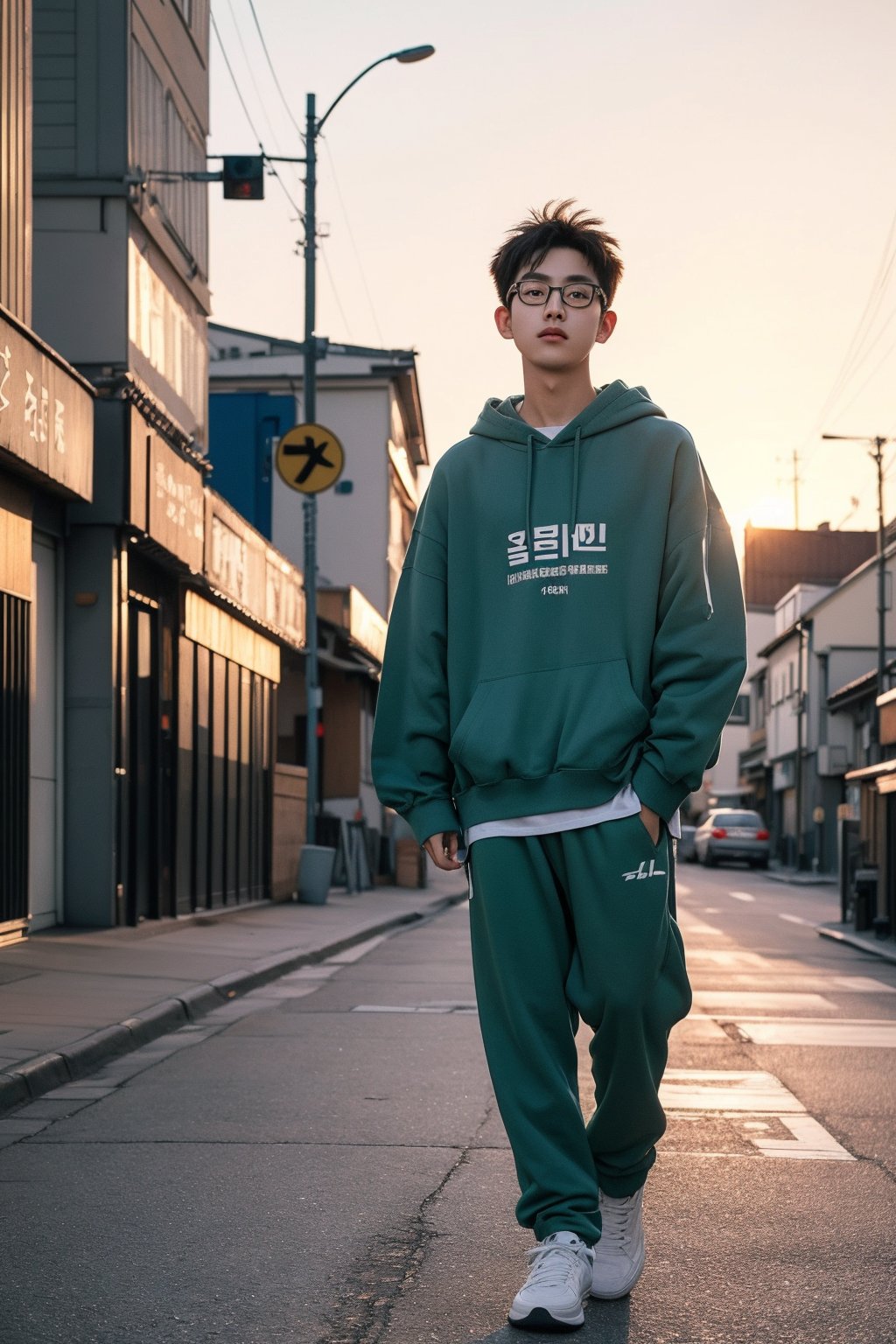 Make a photoshoot portrait of a young Korean man, 18 years old, cool pose, blue hoodie urban, army green jogger pants, white shoes, glasses... sunset sky background, blur lens background, Japan street background, portrait shot,