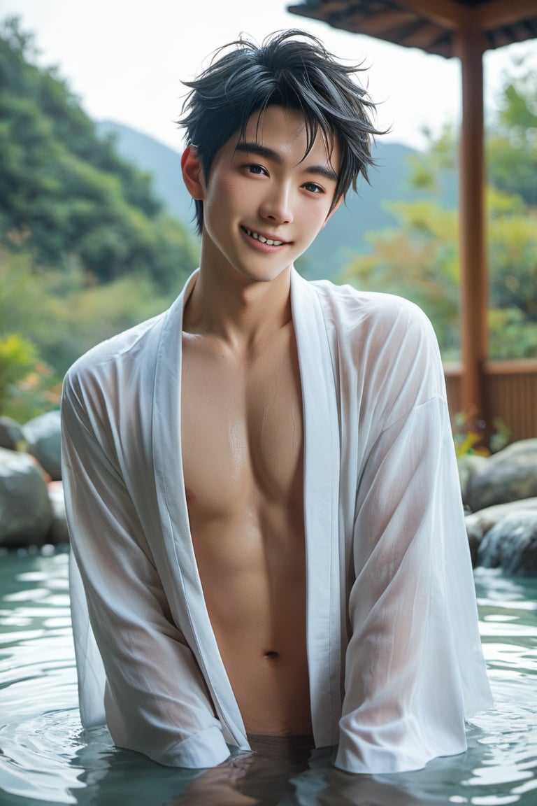 score_9, score_8_up, score_7_up,  1boy,  handsome 20yo, Asian boy, black hair, darkblue eyes, open sleeve kimono, flushed, blushed, smile  japanese, realistic, hot spring.