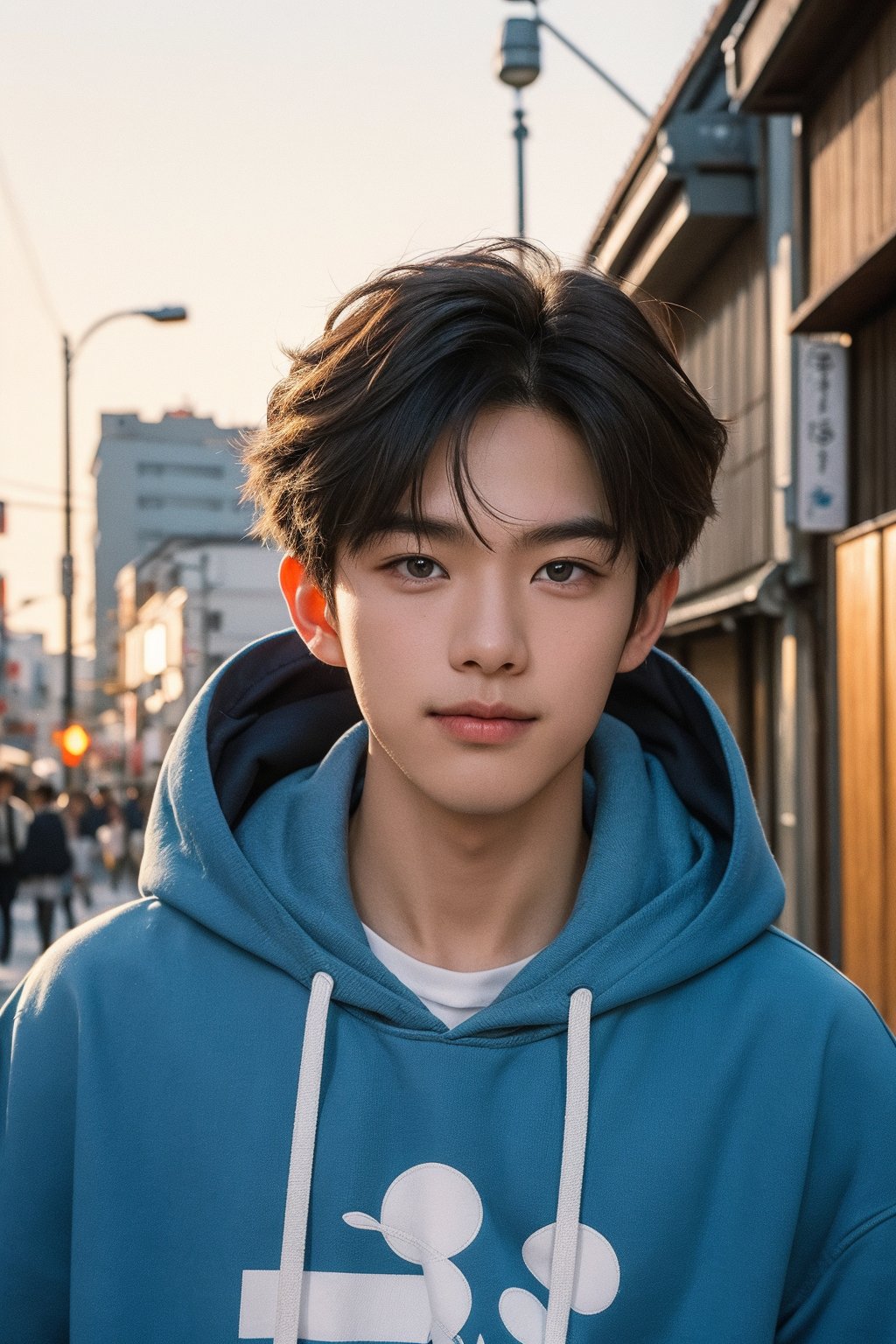 Make a photoshoot portrait of a young Korean boy, blonde hair, 18 years old, cool pose, blue hoodie urban, .smirking.. sunset sky background, blur lens background, Japan Tokyo street background, portrait shot,