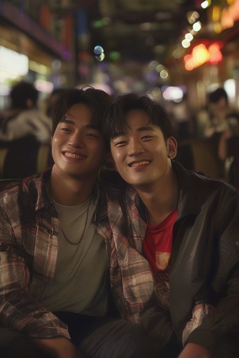 2 Korean handsome men watching movie happy at a crowded cinema, wearing a casual clothing, you can see their huge muscular body shape, hugging on shoulder each other, 