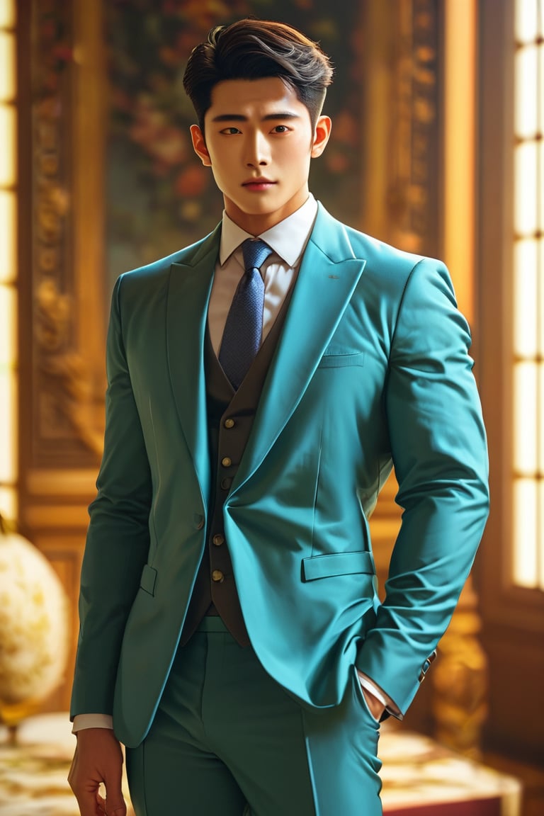 score_9, score_8_up, score_7_up, handsome korean men, 20yo, suit, luxury ornate hall, small_bulge