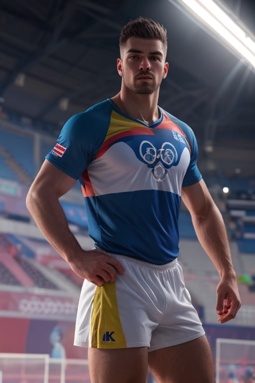 1guy, solo, looking at viewer, High quality, 8k hd, best quality, detailed skin texture, Realistic face,sport manly pose, OLYMPIC nationality tshirt, complicated, 8k ultra hd, high resolution, OLYMPIC background, high definition, excellent quality, stunning image, volumetric lighting, detail quality Enhancer