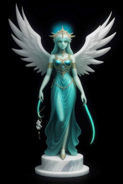 a colorful angel statue with a black background with a white background, Anne Stokes, psychedelic art, bioluminescence, a marble sculpture