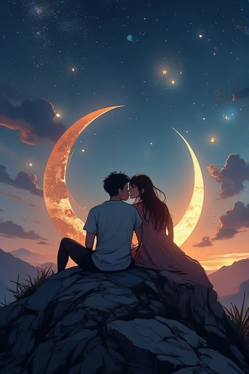 Two couples in love sitting on the mountain close serenely on a crescent moon, (kissing ). The scene has an evening, tranquil atmosphere. It’s dreamy and whimsical.clear, high quality 
deep depth of field, photography, Natural geographic photo, Hyper-realistic, 16k resolution, (masterpiece, award winning artwork), many details, extreme detailed, full of details, Wide range of colors, high Dynamic,at night , shining stars on the sky 