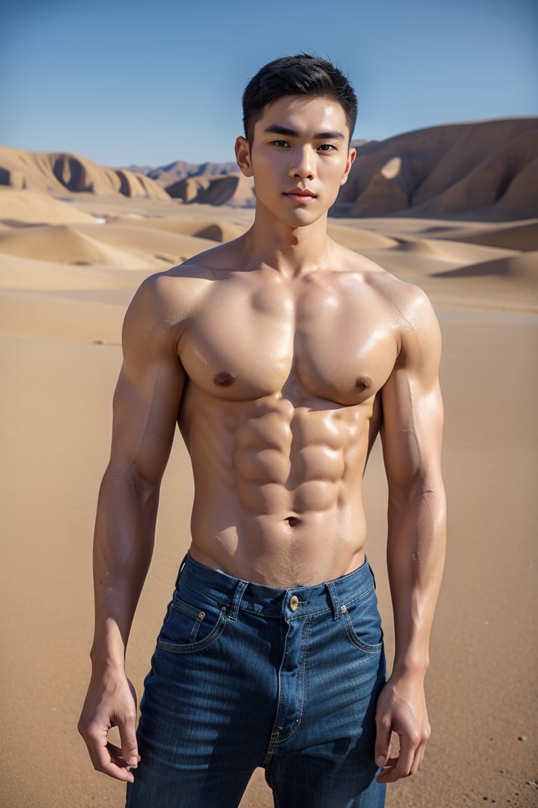 Handsome young man with Korean features, 20 years old, posing in a vast desert field against an endless blue sky horizon. He stands strong, (( showcasing his toned physique and six-pack abs and V-Cut ABS Muscles)) highlighting his healthy lips, Stubble, he have navel hairline looking  hot,Wide-Angle,Eye level angle photography,emphasizing upper body details and strict facial features,high-impact strictly face detail, lifelike person, extremely realistic, Flawlessly portrayed , close mouth 