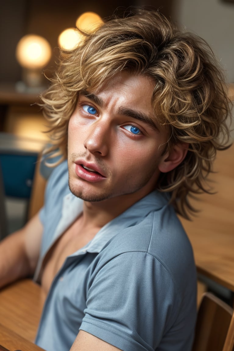 (1boy), beautiful photo, cute teenage boy, 18 years old, Caucasian, (fulbody),slight freckles, messy shaggy blonde hair, windswept hair, detailed lustful orgasmic face, moaning, full thick pouty lips, subtle muted blue eyes, (sitting on a school table), relaxed, candid, striking lighting, (naturall skin imperfection), flirting with the spectators, RAW photo, ray tracing, detailed photo, gorgeous, shallow depth of field, bokeh, volumetric lighting, (surreal:0.4), hyper detailed photorealistic life-like accurate proportional 8k sharp focus, (accurate cinematic lighting), photorealistic detail, (selective focus:0.6),Light particles and spark