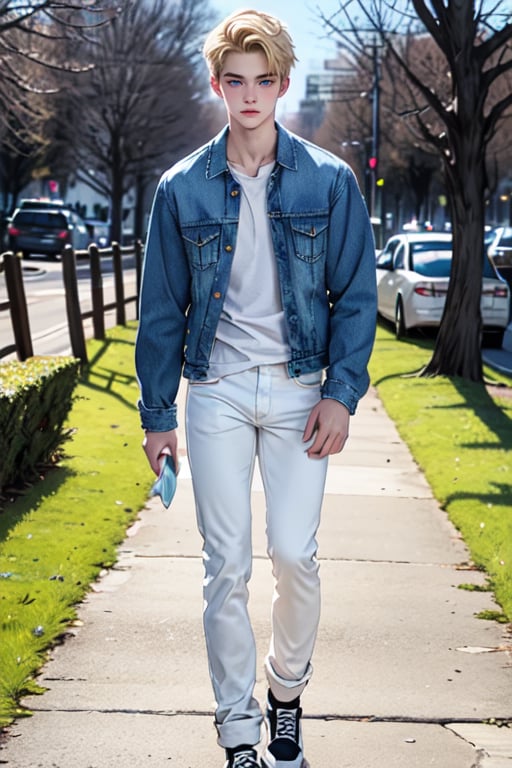 1male,blue eyes, handsome, white shirt,  blue jean jacket, white pants, slender, 17 years old boy, blonde ,Detailedface, realistic skin, pale skin, black shoes, walking, 