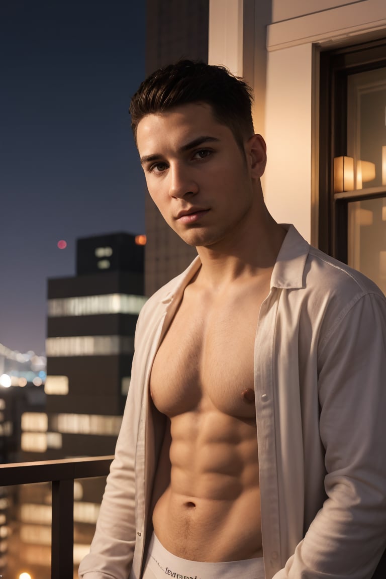 Realistic depiction of a muscular male with full-body focus on his physique at night. He stands confidently with blush cheeks and glossy lips, wearing white briefs and white open shirts, sporting thick eyebrows and lips, framed by a perfect oval face and sharp nose. His hi-top fade haircut is neatly trimmed at 1.3 inches. The scene features soothing tones, muted colors, and high contrast, with natural skin texture and soft light. Sharp focus on his facial features creates a hyperrealistic image, huge bulge modern bedroom with decorations, a windowed night view of beautiful city with skyscrapers, at night, dark enviroment Camera settings to capture such a vibrant and detailed image would likely include,1boy