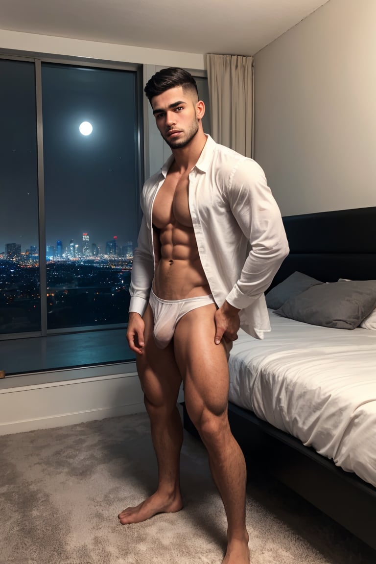 Realistic depiction of a muscular male with full-body focus on his physique at night. He stands confidently with blush cheeks and glossy lips, wearing white briefs and white open shirts, sporting thick eyebrows and lips, framed by a perfect oval face and sharp nose. His hi-top fade haircut is neatly trimmed at 1.3 inches. The scene features soothing tones, muted colors, and high contrast, with natural skin texture and soft light. Sharp focus on his facial features creates a hyperrealistic image, huge bulge modern bedroom with decorations, a windowed night view of beautiful city with skyscrapers, at night, dark enviroment Camera settings to capture such a vibrant and detailed image would likely include,1boy