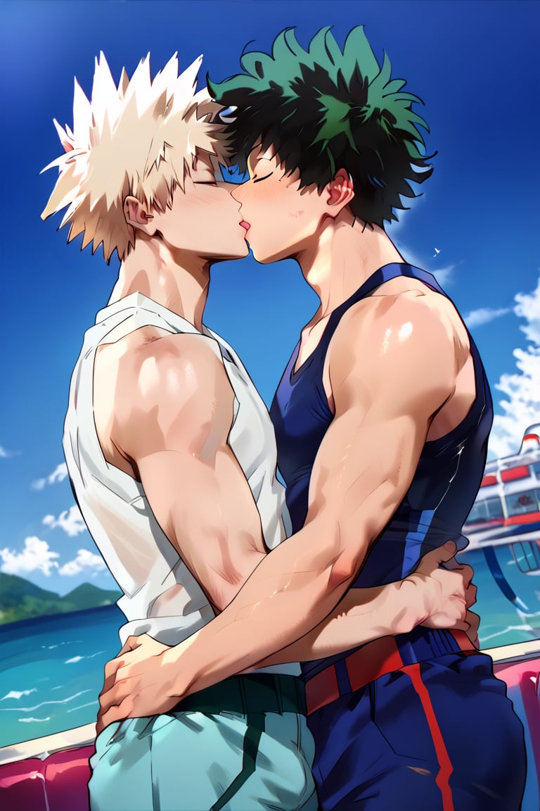 score_9,score_8_up,score_7_up, (two men, couple, duo:1.5), gay, bara, (kiss:1.5), hand on waist, looking at viewer, bakugou katsuki ,izuku_midoriya, perfect anatomy, perfect proportions, best quality, masterpiece, high_resolution, dutch angle, cowboy shot, photo background, day, blue sky, ocean, look at each other, (perfect hands),bakugo, green hair