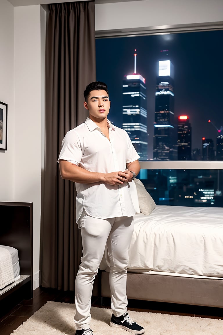 Realistic depiction of a muscular male with full-body focus on his physique at night. He stands confidently with blush cheeks and glossy lips, wearing white briefs and white open shirts, sporting thick eyebrows and lips, framed by a perfect oval face and sharp nose. His hi-top fade haircut is neatly trimmed at 1.3 inches. The scene features soothing tones, muted colors, and high contrast, with natural skin texture and soft light. Sharp focus on his facial features creates a hyperrealistic image, huge bulge modern bedroom with decorations, a windowed night view of beautiful city with skyscrapers, at night, dark enviroment Camera settings to capture such a vibrant and detailed image would likely include,1boy