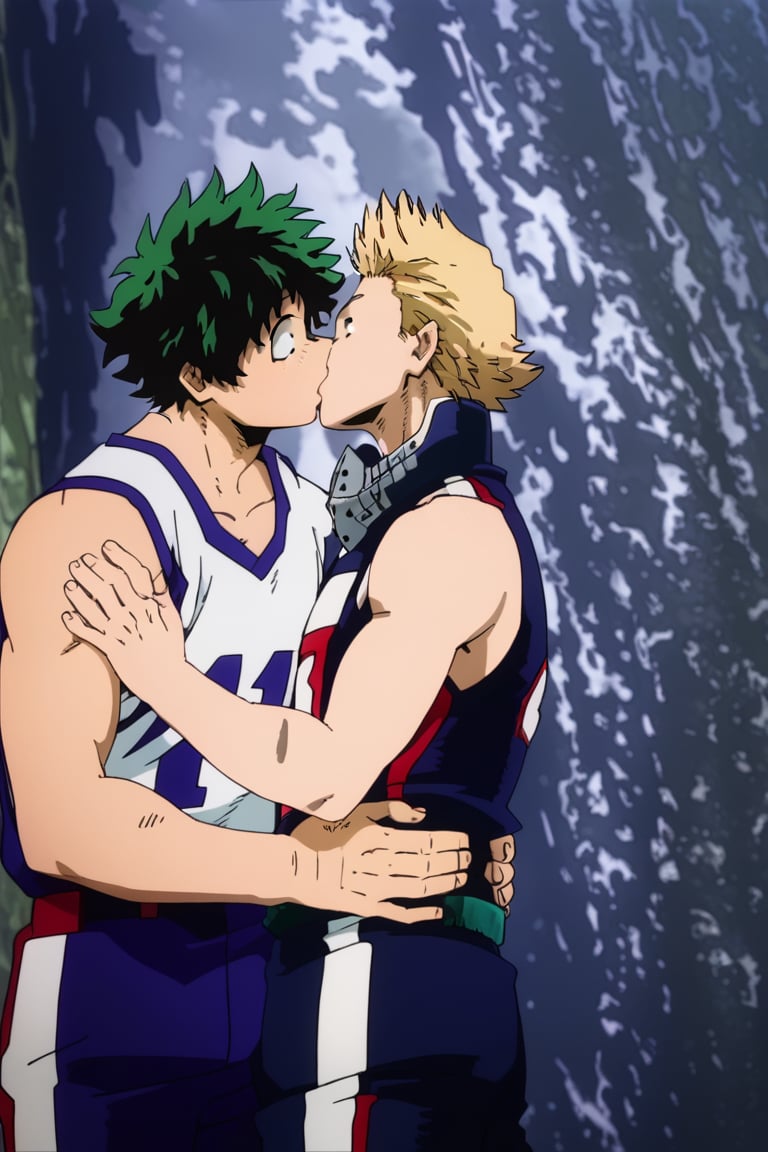 score_9,score_8_up,score_7_up, (two men, couple, duo:1.5), gay, bara, (kiss:1.5), hand on waist, looking at viewer, mirio_toogata ,izuku_midoriya, perfect anatomy, perfect proportions, best quality, masterpiece, high_resolution, dutch angle, cowboy shot, photo background, day, blue sky, ocean, look at each other, (perfect hands),mirio_toogata, green hair,